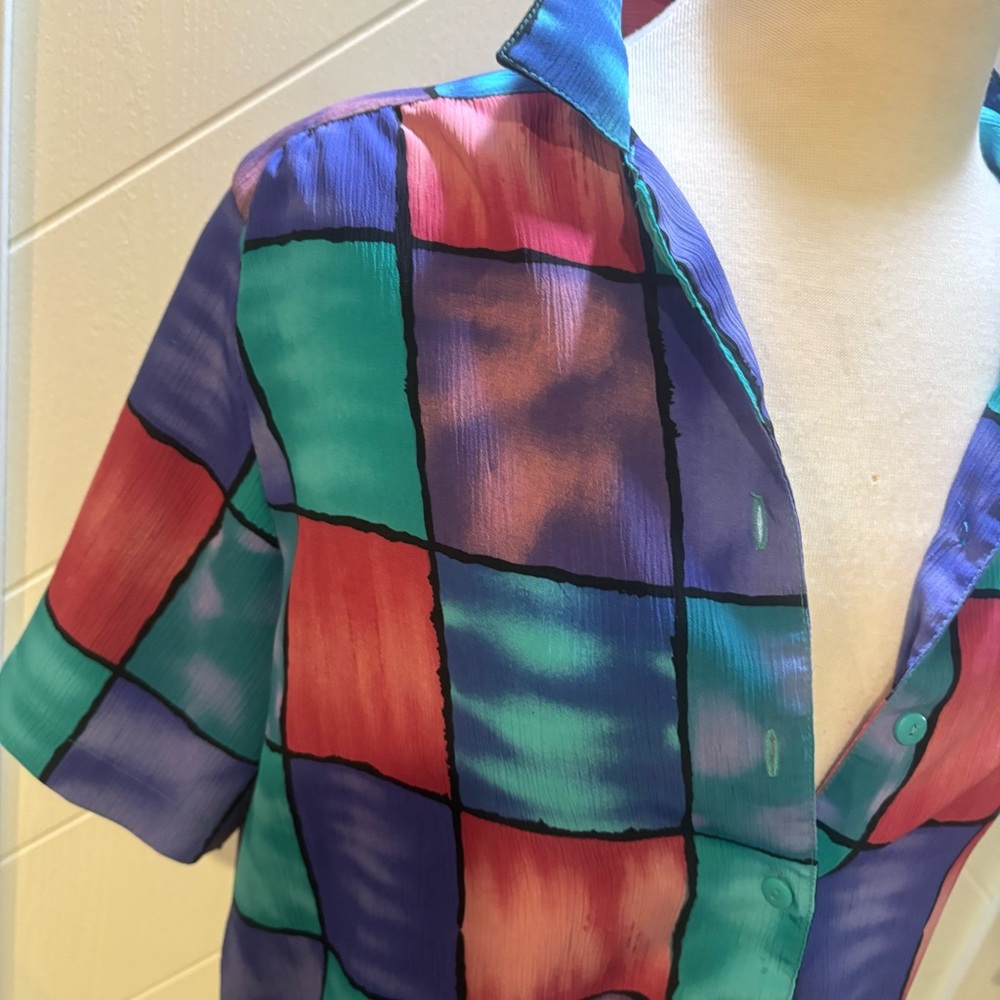 Vintage 90s Colorblock Geometric Abstract Button Down Short Sleeve Blouse Top‎ L - Picture 5 of 8
